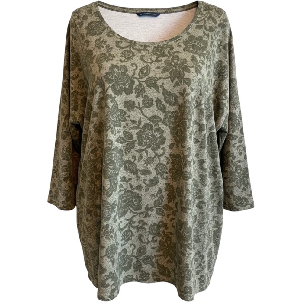 Isaac Mizrahi Live Womens Olive Green Floral Tunic Top XL 3/4 Sleeve Scoop Neck